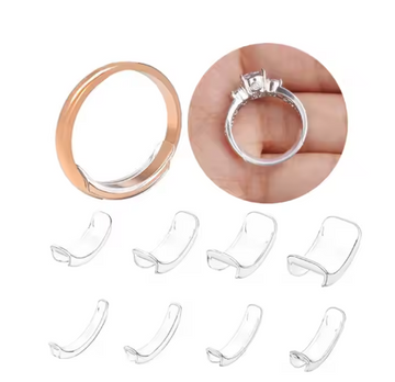 A set of eight sizes of TPU silicone invisible ring sizers designed to adjust the size of loose rings. This jewelry resizing spacer accommodates various widths.
