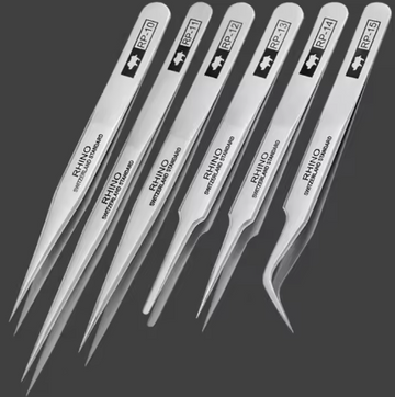 Carbon Steel Anti-Magnetic/Acid RHINO RP-10 RP-11 RP-12 RP-13 RP-14 RP-15 Tweezers Set for Tools in the Electronics and Jewelry Industries.