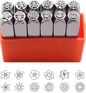 A set of 12 metal stamp punches, each measuring 6mm, designed for flower seal printing. This collection includes flower chisels and is suitable for DIY leather carving and jewelry ring crafting.