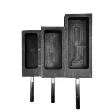 Jewelry crafting graphite ingot mold featuring a handle for the purpose of metal melting.