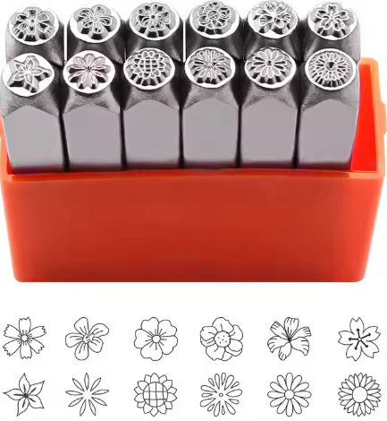 A set of 12 metal stamp punches, each measuring 6mm, designed for flower seal printing. This collection includes flower chisels and is suitable for DIY leather carving and jewelry ring crafting.