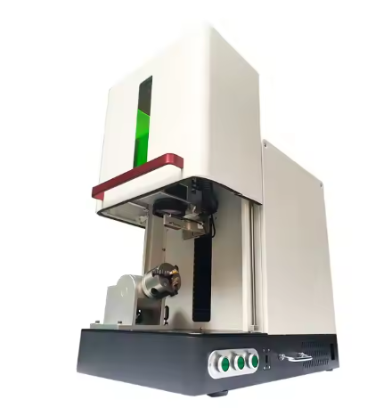 A laser marking machine designed for jewelry, capable of marking and cutting names on items such as necklaces and rings, specifically for materials like brass, gold, and silver.