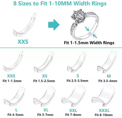 A set of eight sizes of TPU silicone invisible ring sizers designed to adjust the size of loose rings. This jewelry resizing spacer accommodates various widths.