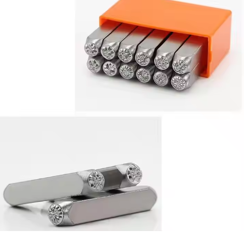 A set of 12 metal stamp punches, each measuring 6mm, designed for flower seal printing. This collection includes flower chisels and is suitable for DIY leather carving and jewelry ring crafting.